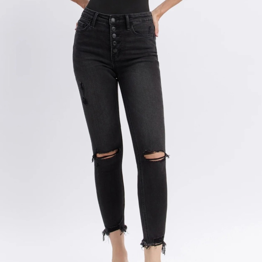 Vervet Night Reflection - High Rise Button Fly Distressed Crop Skinny Jeans